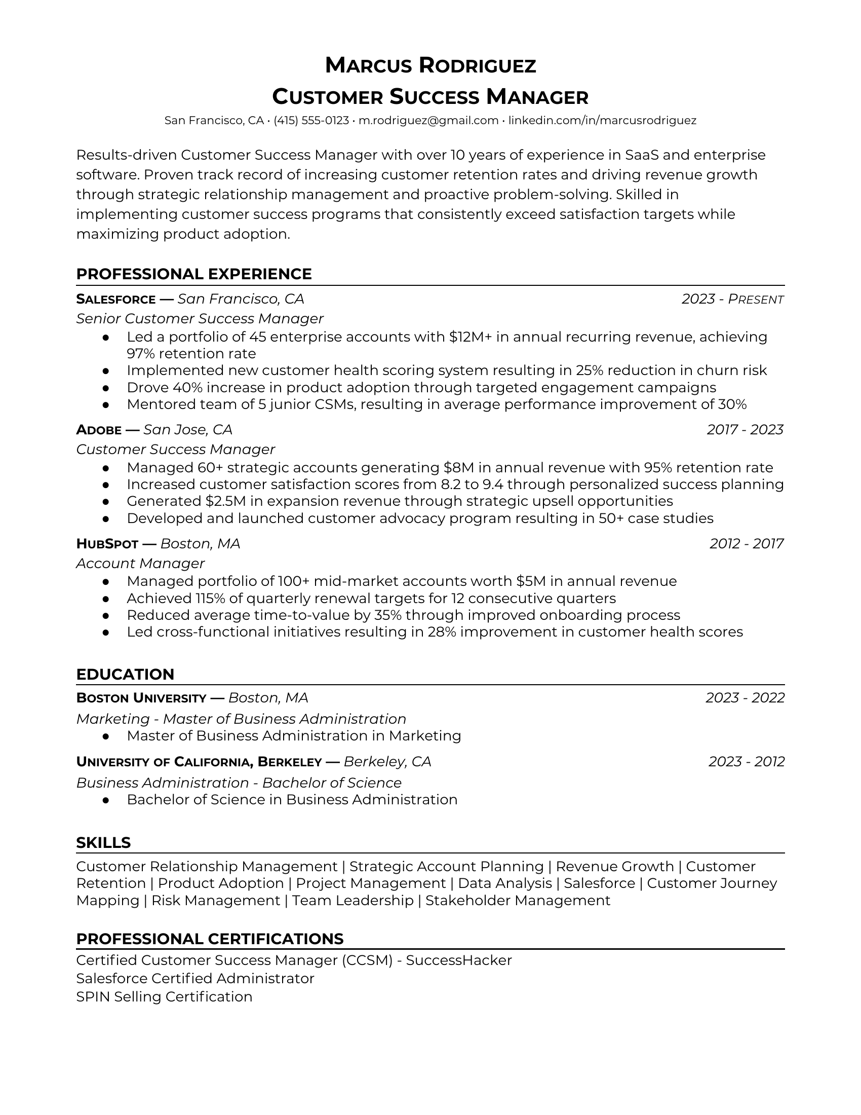 Customer Success Manager in Sales & Marketing Resume Examples & Tips